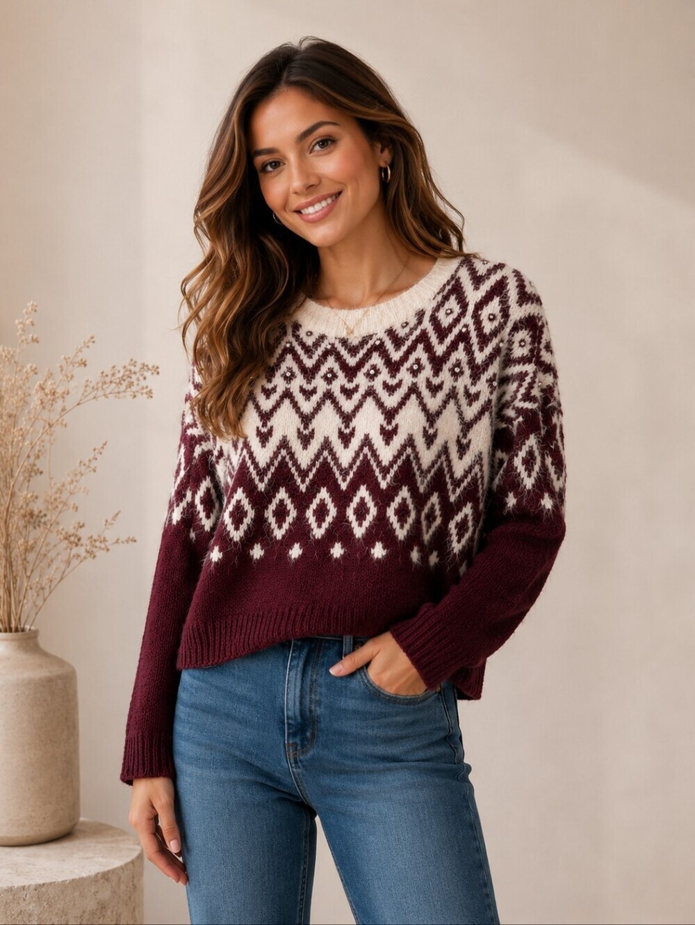 Abercrombie & Fitch Burgundy Ivory Embellished Sweater Women's M/L Fuzzy